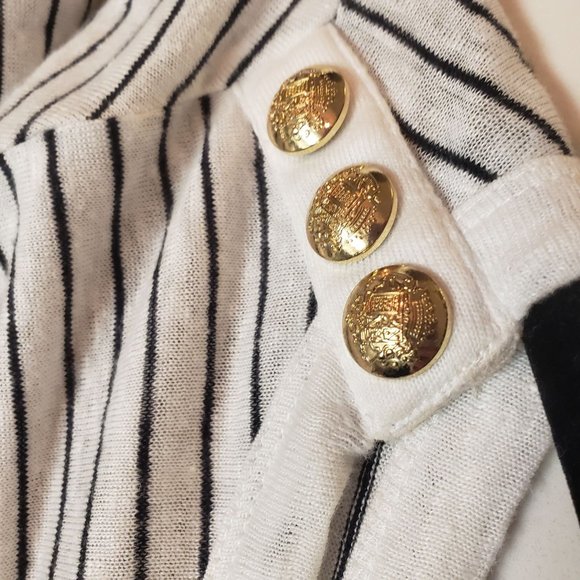 Chico's Linen top size Large‎ shoulder  gold button detail striped black white - Picture 4 of 9